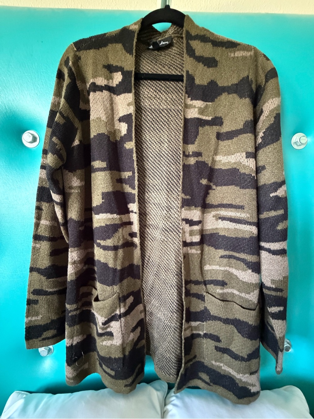 Open-Front Camouflage Knit Cardigan - Olive
